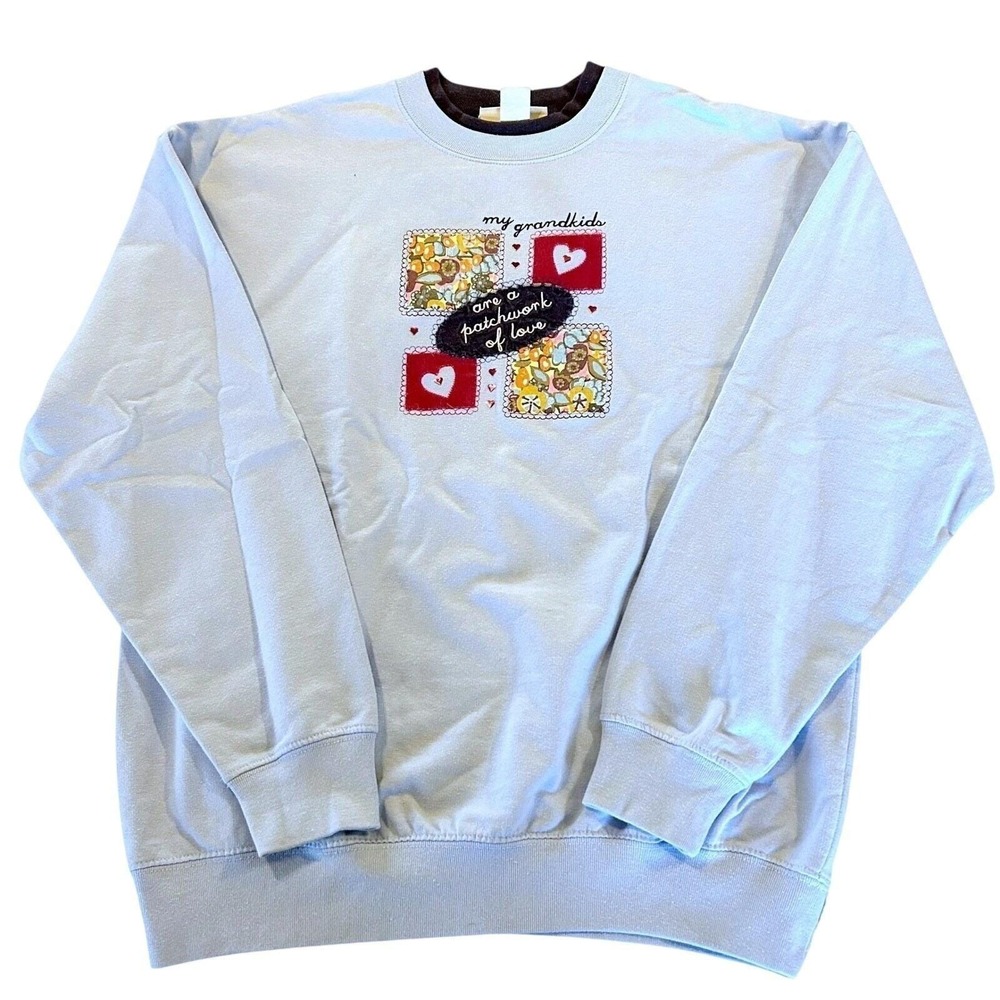 M&C Sportswear Sweatshirt L Light Blue Patchwork My Grandkids Graphic Kitschy